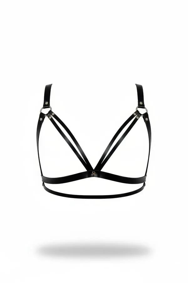 siyah suni deri göğüs harness kruvaze çift bantlı V kesim gümüş O-ring metal donanım