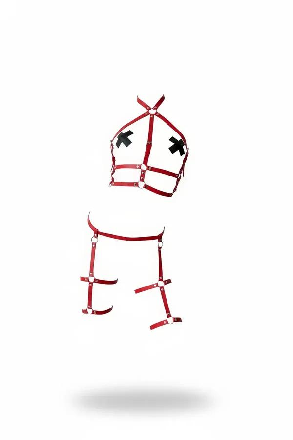 kırmızı vegan deri harness takım halter yaka üst kafes harness ve bacak kemeri gümüş O-halka detaylı