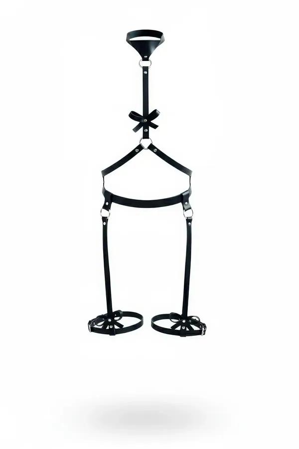 siyah vegan deri harness takımı boyunluklu fiyonk detaylı bacak bantlı gümüş metal toka