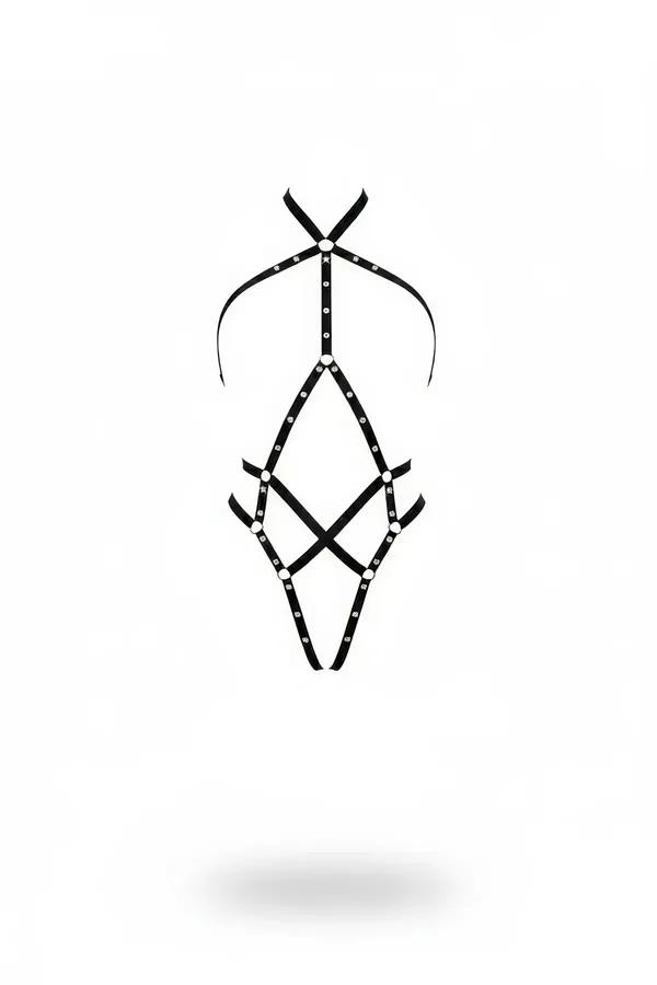 siyah body harness geometrik elmas desen gümüş metal O-halka detaylı tam vücut aksesuarı