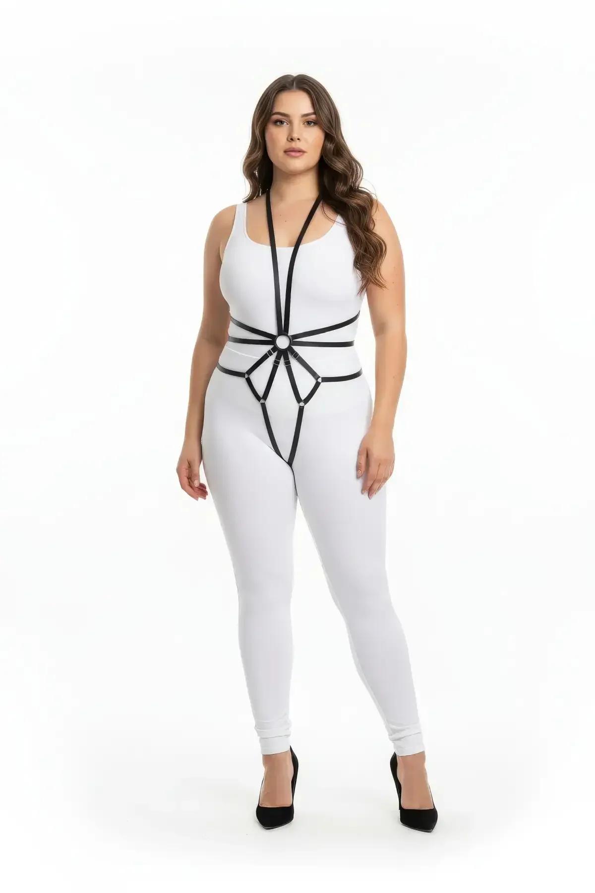 büyük beden siyah suni deri full body harness merkezi gümüş O-halka yıldız bant düzeni