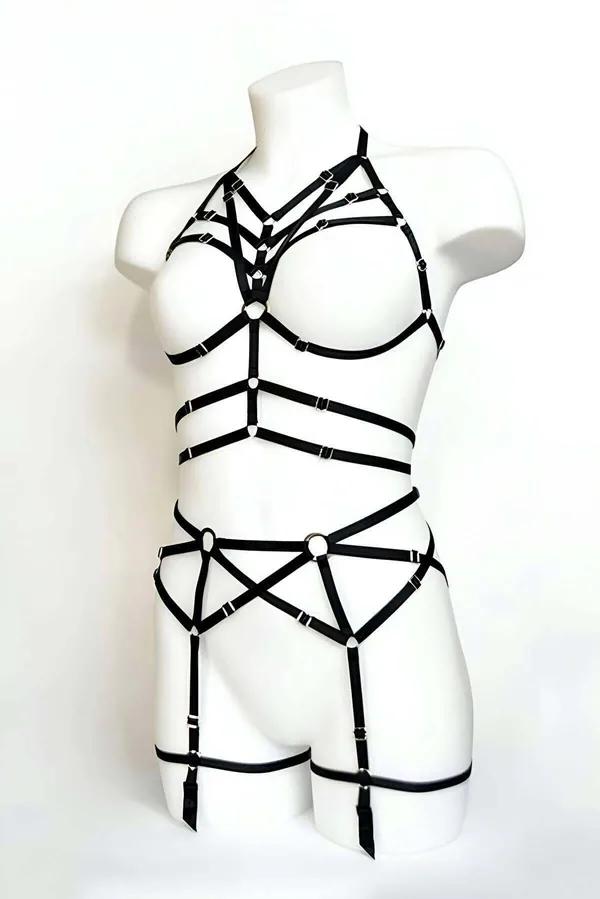 Black elastic full body cage harness set with caged bra, horizontal waist bands, and adjustable thigh garters displayed on wh