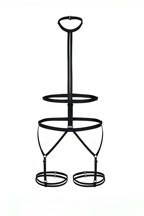Black elastic full body harness with D-ring neck collar, dual waist bands, triangular hip cage, and double silver-ring leg ga