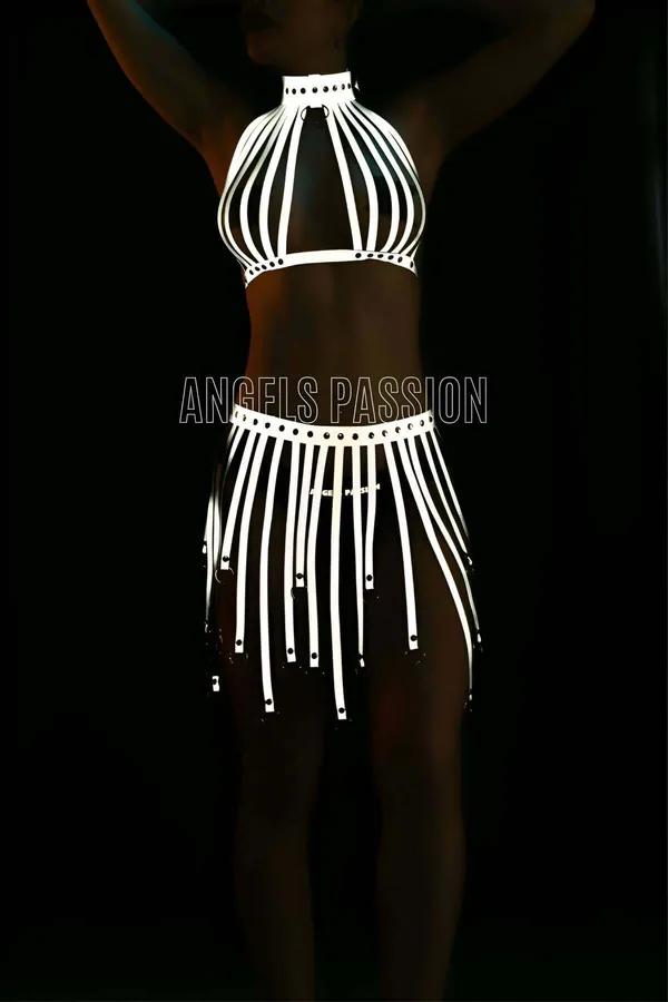 Reflective white cage halter harness and fringe mini skirt two-piece set with O-ring collar and metal eyelet detailing