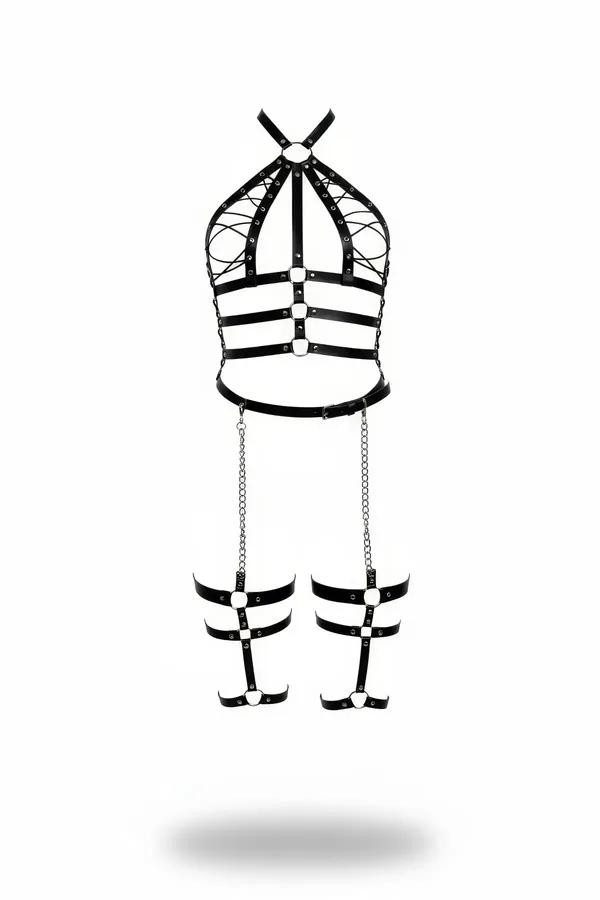 Siyah vegan deri jartiyer harness gümüş zincir detaylı boyundan bağlamalı bacak bantlı set