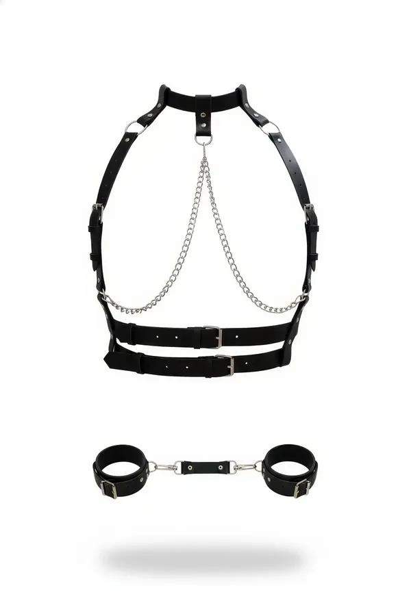 siyah vegan deri harness takım gümüş zincir detaylı göğüs çerçevesi ve bilek kelepçe seti