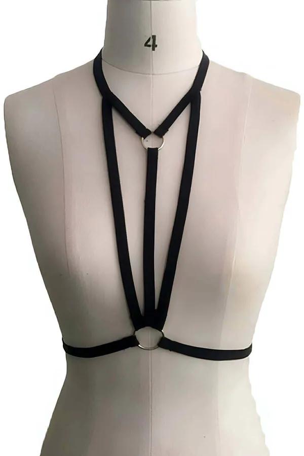 black elastic strappy O-ring chest harness with dual silver rings and triple front straps on mannequin