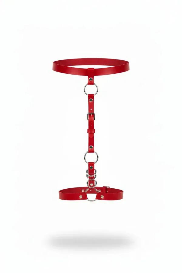 Red faux leather single leg garter harness with dual silver O-rings and adjustable waist and thigh bands