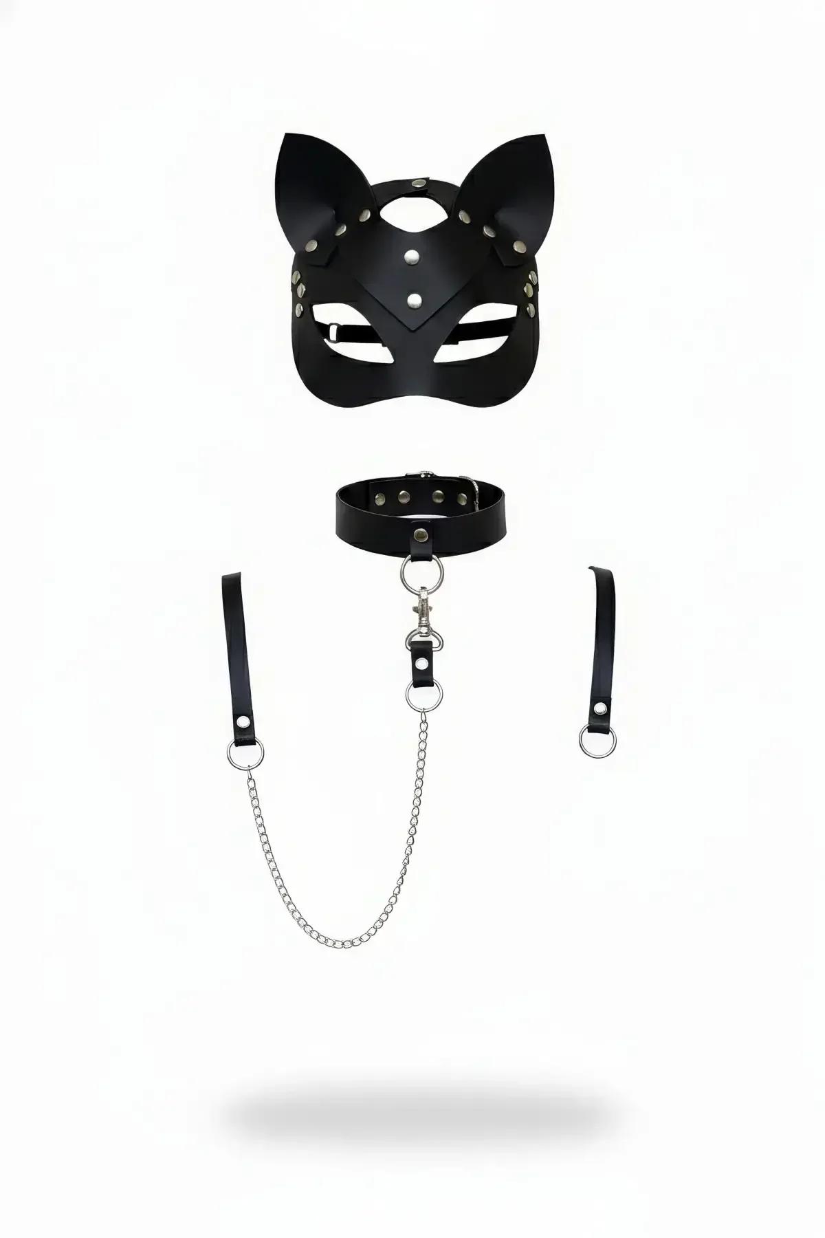 Siyah faux leather kedi maskeli harness takım gümüş zincirli boyun tasması ve bileklik seti