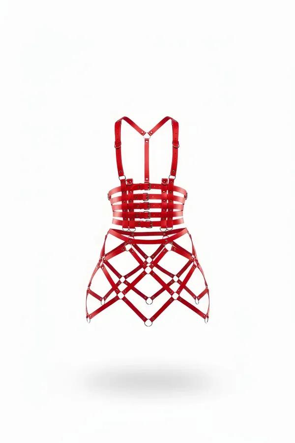 kırmızı faux deri kafes harness etek kombin çelik O-halkalı bandaj gövde ve kafes etek seti