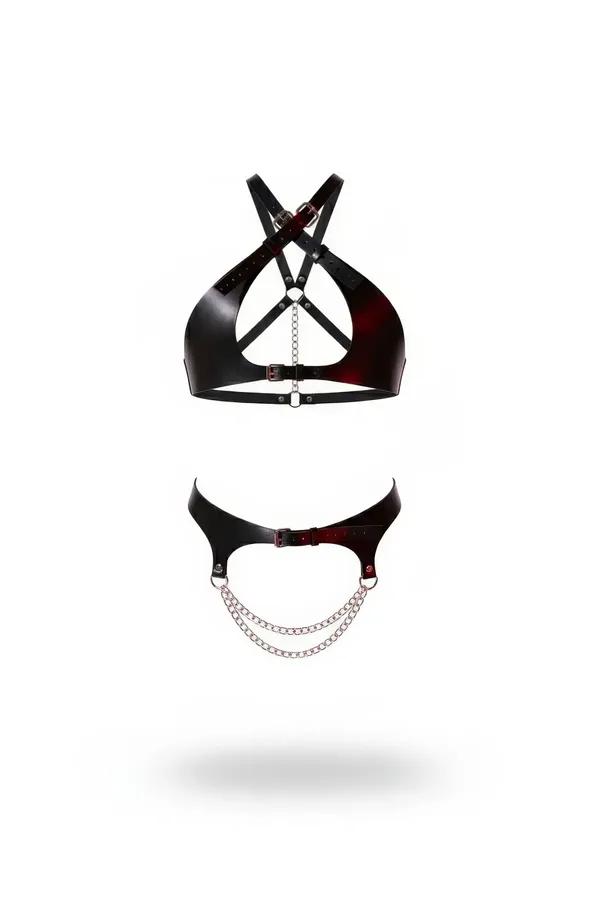 Siyah parlak vegan deri iki parça harness takım, gümüş çift zincir ve çapraz bralette üst parçası
