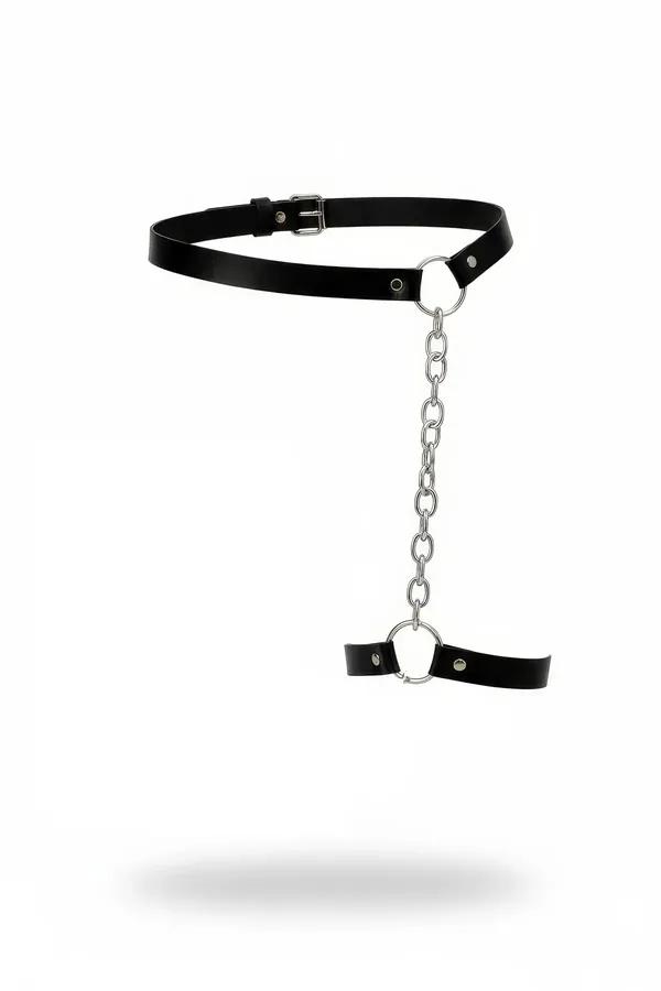 Siyah vegan deri jartiyer harness gümüş zincir ve metal O-halkalı uyluk ile baldır bacak kemeri