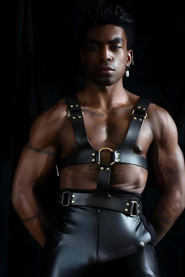 black faux leather o-ring chest harness with wide waist strap and gold hardware on male model