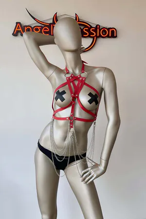 Red Faux Leather Chest Harness with Adjustable Chains