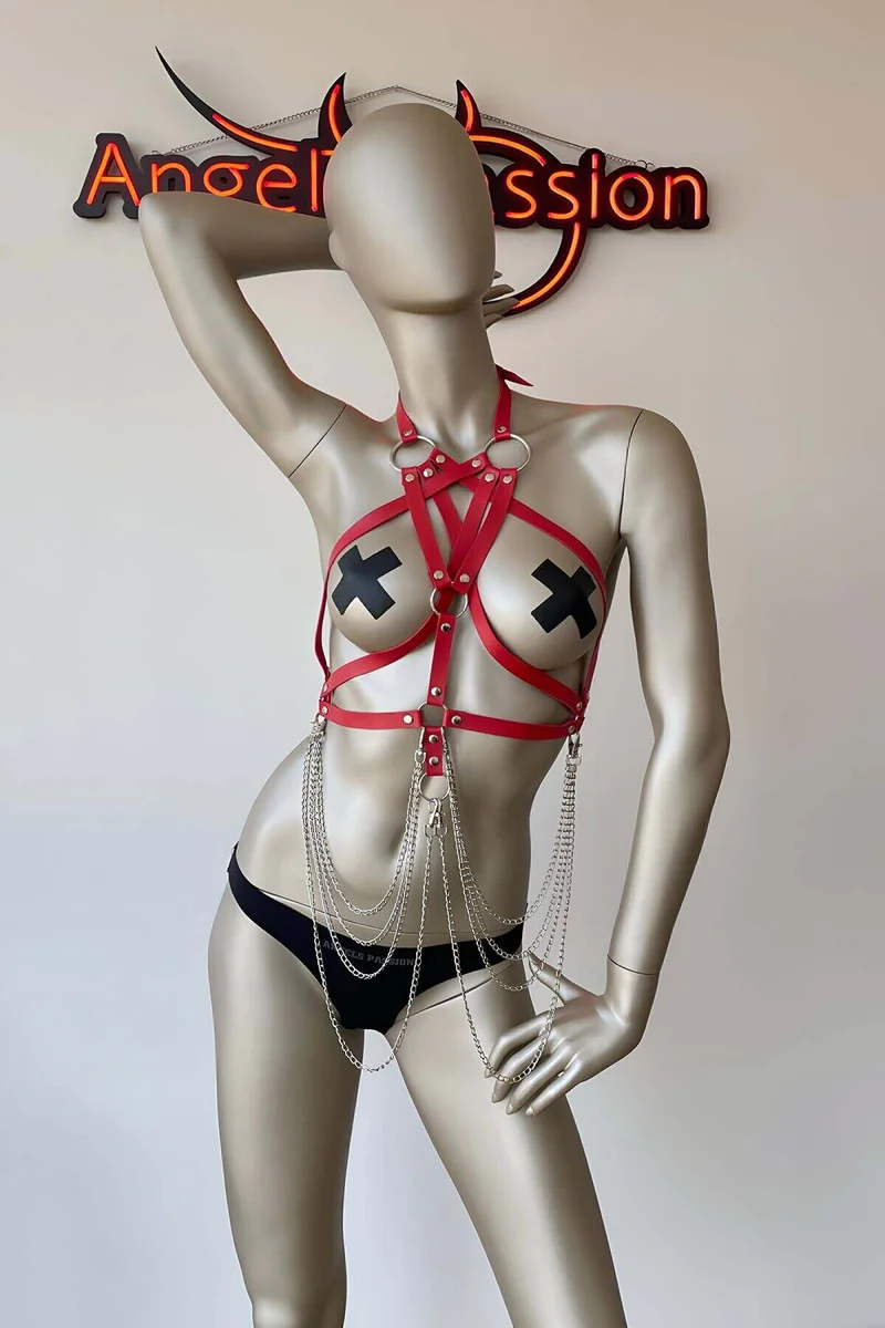 Red Faux Leather Chest Harness with Adjustable Chains