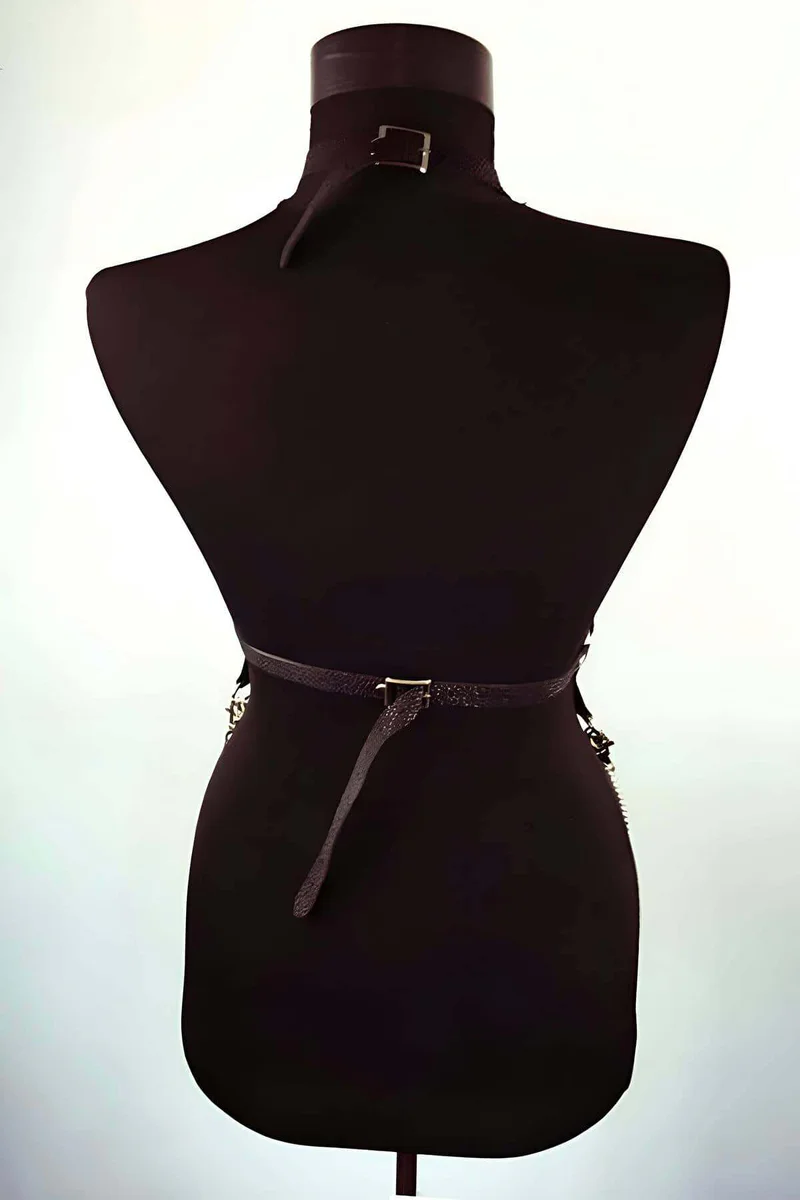 Faux Leather Chest Harness with Chains & O-Rings