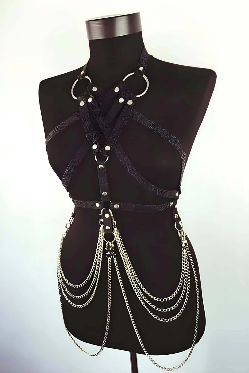 Faux Leather Chest Harness with Chains & O-Rings
