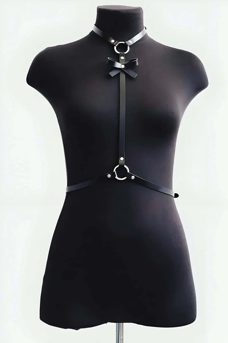 Faux Leather Chest Harness with Bow Detail & Adjustable Waist Straps