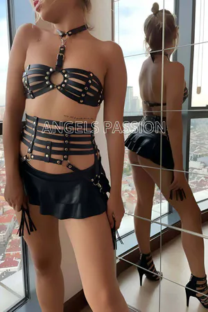 Tassel Detailed Black Leather Corset Bra Harness Set