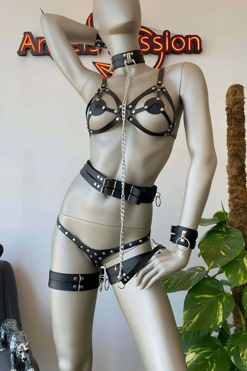 Leather Harness Set for Women with Collar, Cuffs, & Thigh Straps