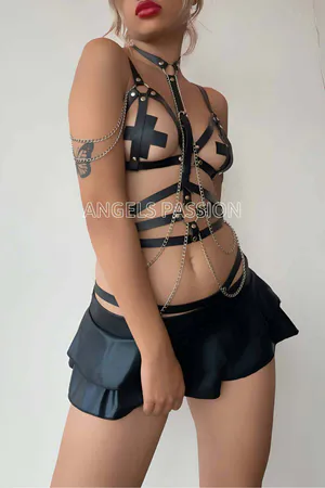 Faux Leather Body Harness Set with Chains & Adjustable Straps
