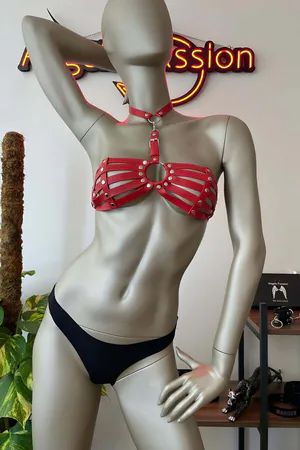 Red Faux Leather Chest Harness Bra - Adjustable & Studded