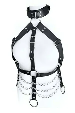 Rebel Faux Leather Chest Harness with Cascading Chains - Extended Fit