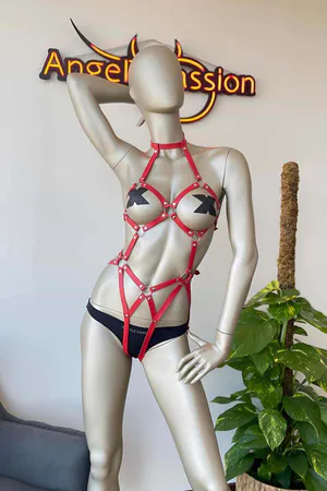 Red Faux Leather Body Harness for Women - Adjustable Strappy Design