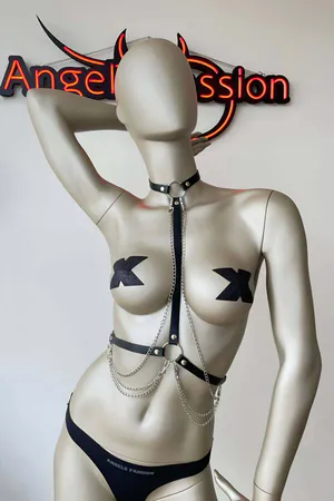 Leather Neck and Waist Harness with Chain Detail - APFT5