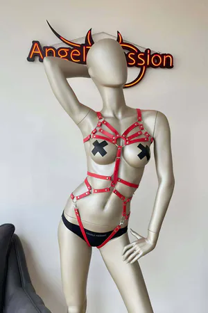 Body-hugging Red Leather Harness Fancy Wear