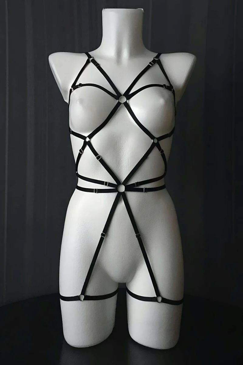 Sheer Harness Bodysuit Lingerie with Polka Dots & Adjustable Straps