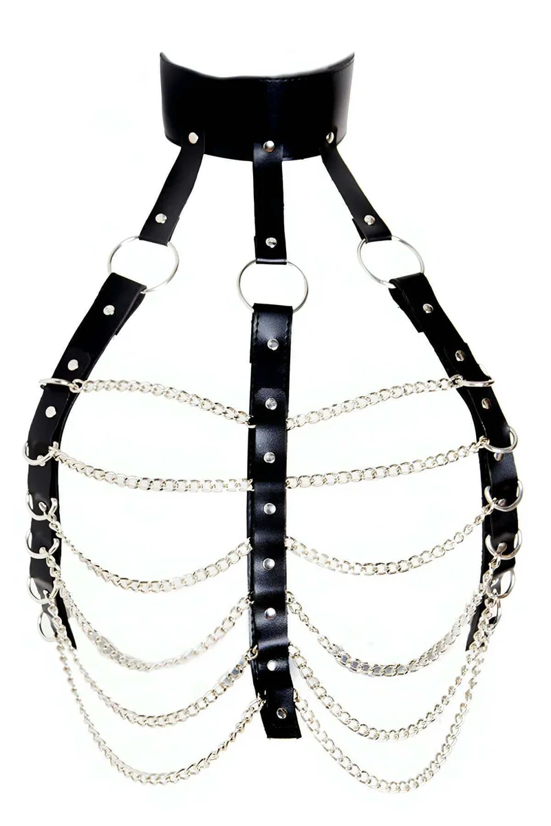 Chain Chest Harness for Women - Adjustable Faux Leather Design