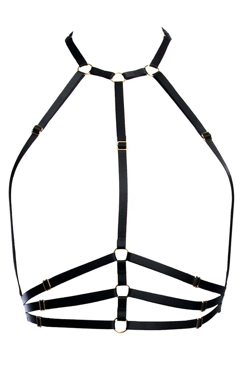 Sexy Body Harness Lingerie | Black Adjustable Straps & Gold Hardware