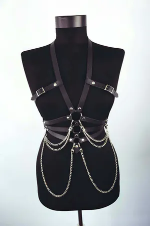 Faux Leather Chest Harness with Adjustable Straps & Chains