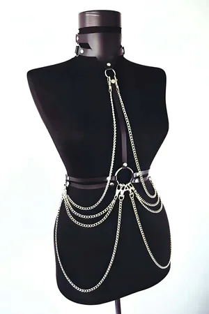 Chained Body Harness with Collar – Adjustable Faux Leather Straps