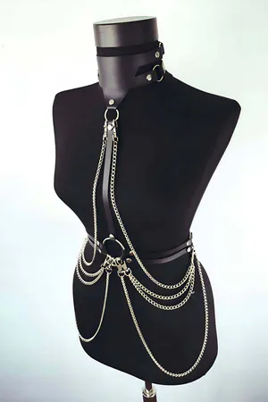 Chained Body Harness with Collar – Adjustable Faux Leather Straps