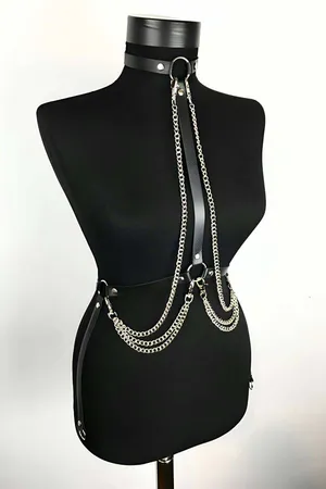 Faux Leather Chest Harness with Draping Silver Chains