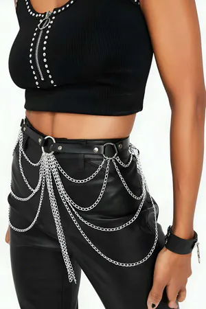 Black Faux Leather Waist Chain Belt with Draping Silver-Tone Chains and O-Rings