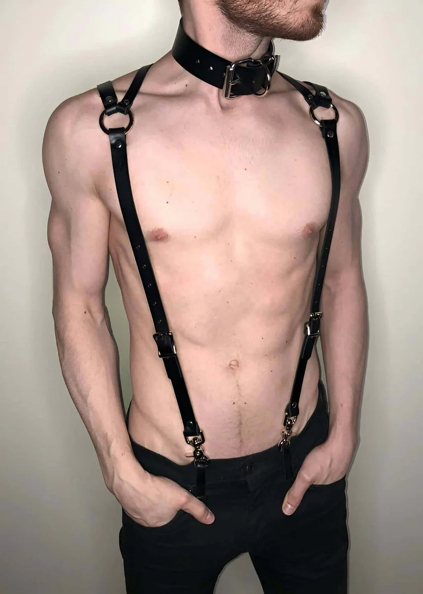 Men's Harness Black Faux Leather Back & Collar Set