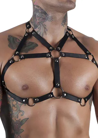 Mens Harness Chest Body Adjustable Black Faux Leather