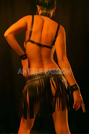 Faux Leather Harness Set with Tassel Skirt & Choker Collar