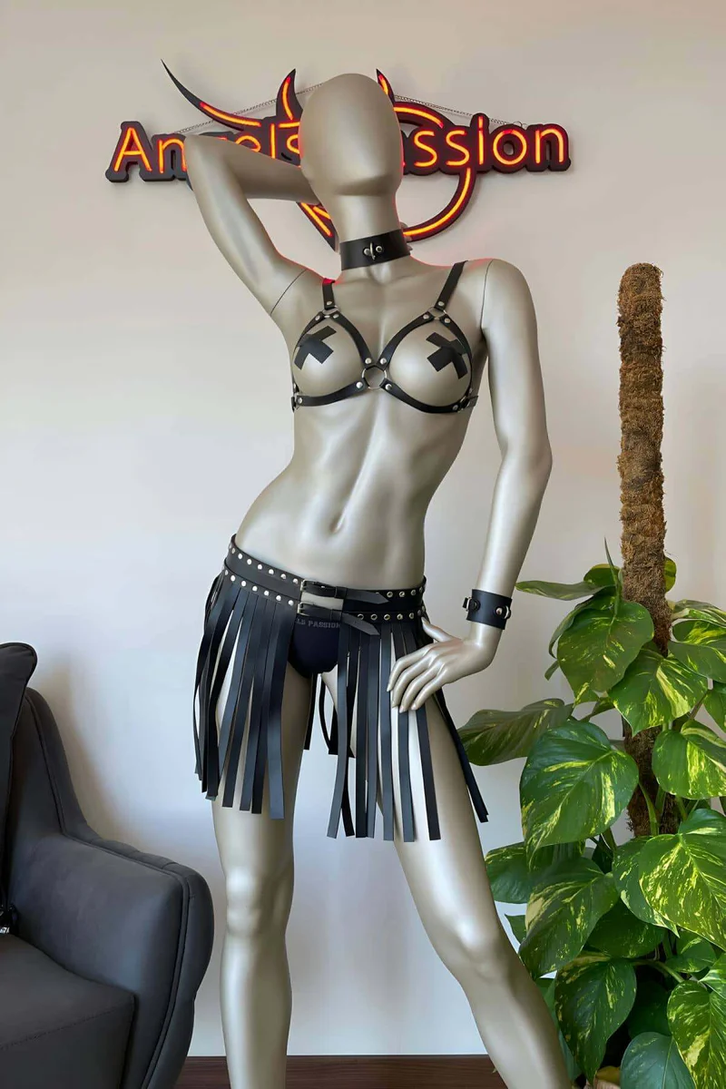 Faux Leather Harness Set with Tassel Skirt & Choker Collar