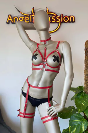 Red Leather Chest Harness and Garter Harness