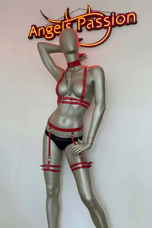 Red Faux Leather Harness Set with Garter Belts and Collar