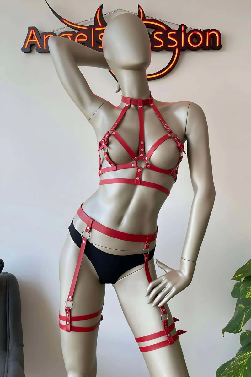 Red Faux Leather Harness Set for Women - Adjustable Body & Thigh Straps