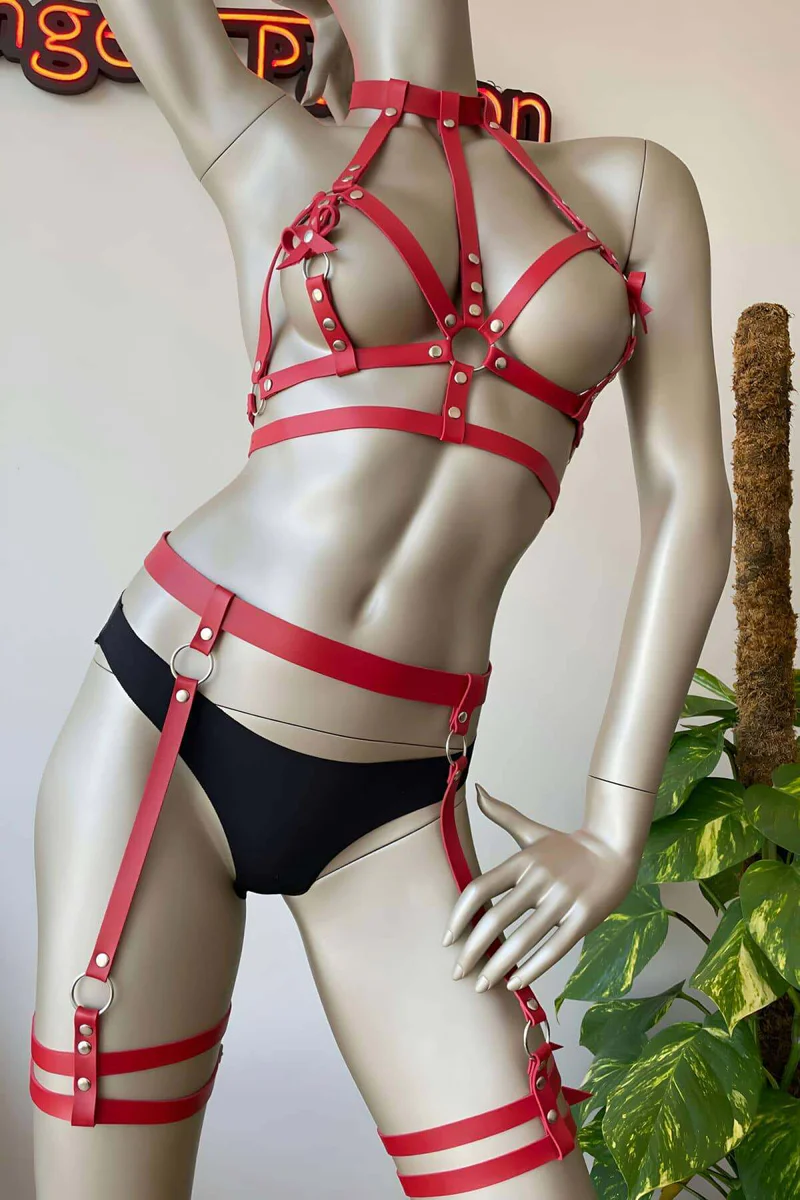 Red Faux Leather Harness Set for Women - Adjustable Body & Thigh Straps