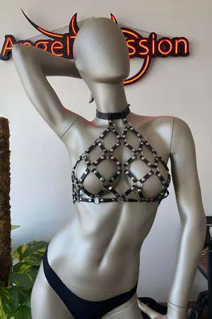 Black Leather Harness on Chest with Square Detail