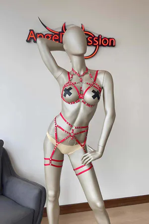 Red Body Harness Set with Garter Straps - Adjustable Lingerie