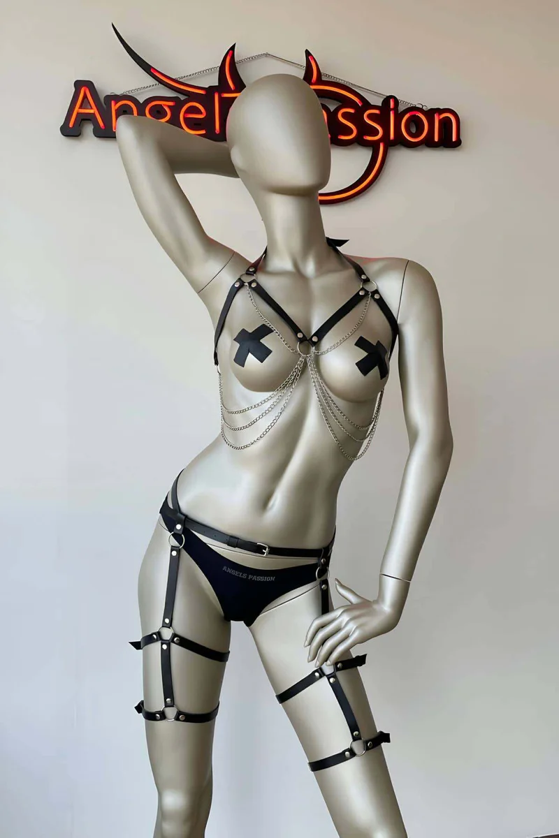 Sexy Faux Leather Harness Set with Chain Details & Garters