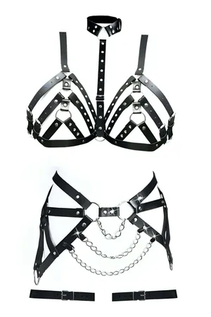 Plus Size Harness Lingerie Set - Faux Leather Studded Design